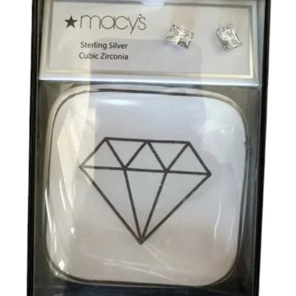 Macy's Sterling Silver Cubic Zirconia Studs With Earring Dish NWT - Picture 1 of 4